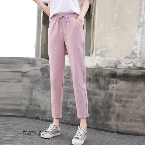 Pockets Elastic Waist Ankle Length Pants Women Harem Straight Pants Cotton Linen Trousers Leisure Pantalones