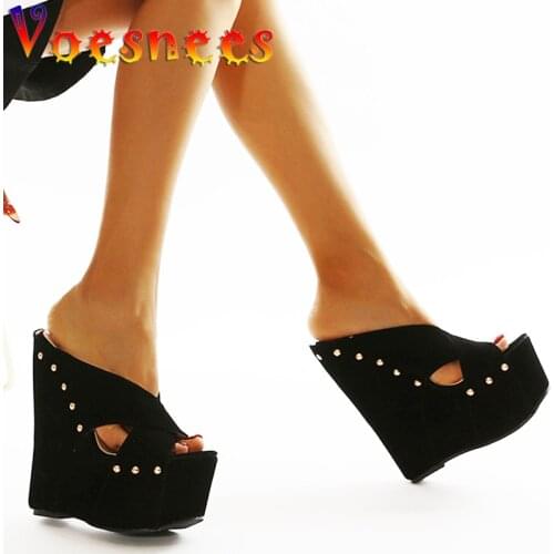Black Rivet Walk Show Slippers Peep Toe Pole Dancing Sandals Platform Super High Heels Nightclub Sexy Party Wedges Women Shoes
