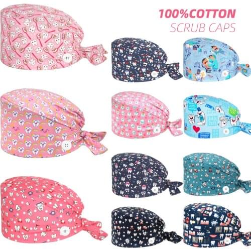 Pure Cotton Scrub Hats Flowers Printing Adjustable Beauty Salon Nursing Cap Pharmacy Lab Dentist Women Men Scrubs Caps Wholesale