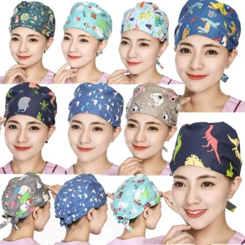 Women Men Working Scrub Cap Adjustable Printed Work Hat Breathable Home Cleaning Kitchen Cooking Caps Ponytail Beanie Scrub Hats