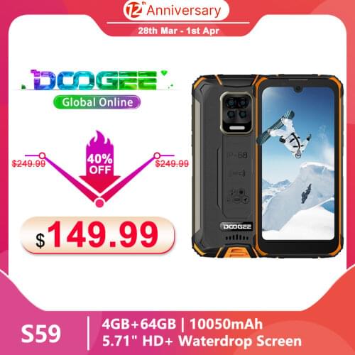 Doogee S59 Rugged Mobile Phone 10050mAh Super Battery 4GB+64GB 5.71'' Android10 2W Powerful Speaker NFC Face Unlock Mobile Phone