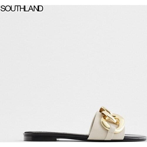 SOUTHLAND Summer New Agency Chain Upper Flat Sandals Slippers Beige Slid Sandals For Female Metallic