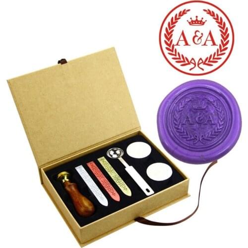 Vintage Retro Brass Head Wooden Handle Wax Seal Stamp Kit Set With Box (Monogram)