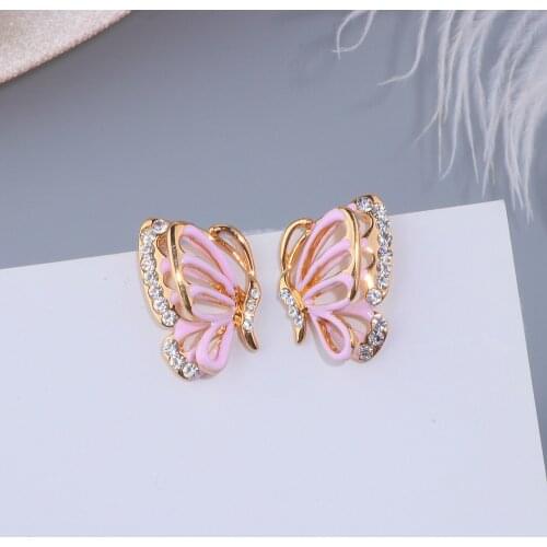 2019 New Luxury Hollow Butterfly Stud Earrings Gold Color Alloy Crystal Cute Butterfly Bow Earrings For Women Bijoux Gift WX123