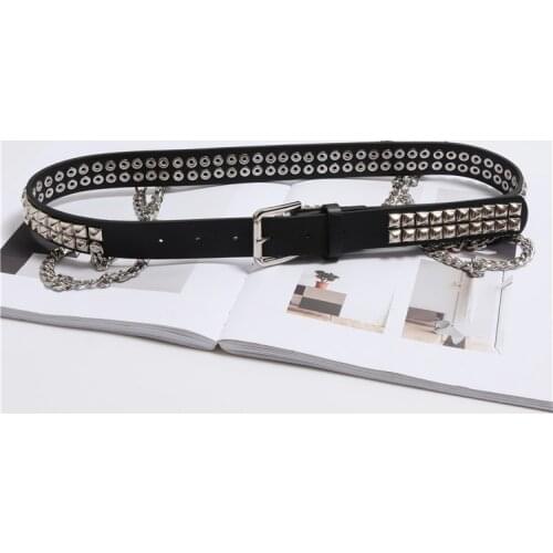 Punk Style PU Waist Belt for Women Rivet Studded Waistband with Chain European Street Faux Leather Women Jean Belt Strap 2021
