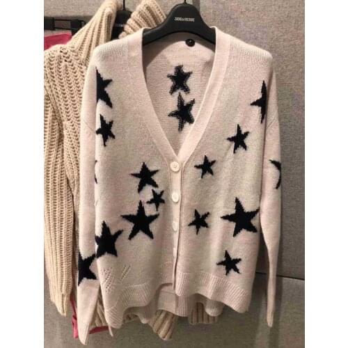 2021 Autumn New Womens V-Neck Knitted Cardigan Stars Print Single Breasted Long Sleeve Ladies Loose Causal Sweater and Tops