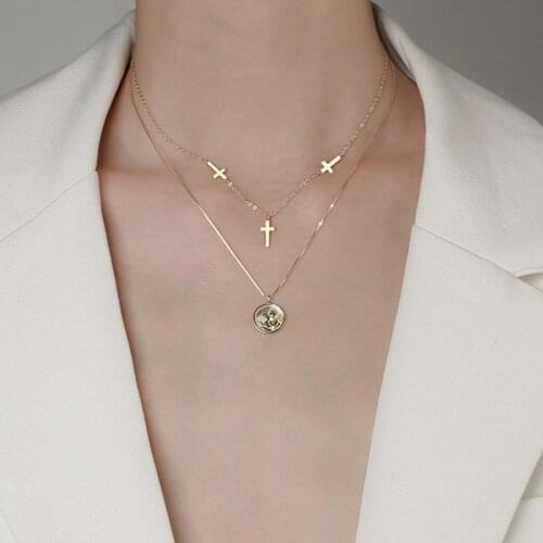 925 Sterling Silver Double Layer Cross Necklace for Women Round Angel Clavicle Chain Necklace Jewelry S-N239