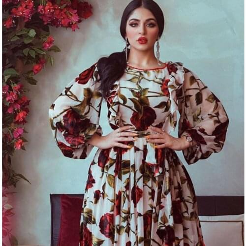 Women Dress 2021 New Rose Print Long Sleeve Evening Party Dress O neck Plus Size Loose Chiffon Dresses Vestidos African Clothes