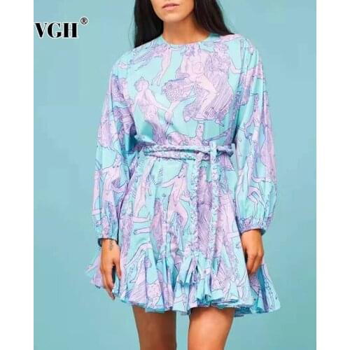 VGH Print Lace Up Dress For Women O Neck Lantern Sleeve High Waist Hit Color Spring Dresses Female Fashion New Clothing 2021