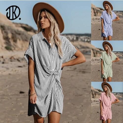 Ladies Turndown Shirt Dress Single-breasted Button Stripe Loose Dresses 2021 Summer Short Sleeve Front Twisted Beach Mini Dress