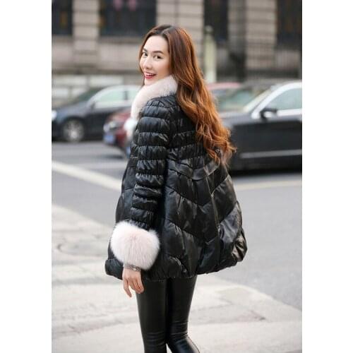 2020 Leather Jacket Winter Coat Women Fox Fur Collar Down Jacket Women Genuine Sheepskin Coat Female Warm Coats MY4438