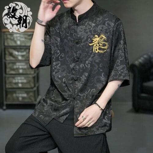 2021 Summer Chinese Style Shirt Men Tang Suit Button Chinese Dragon Shirt Pirnt Streetwear Shirts Half Sleeve Men Tops 30632