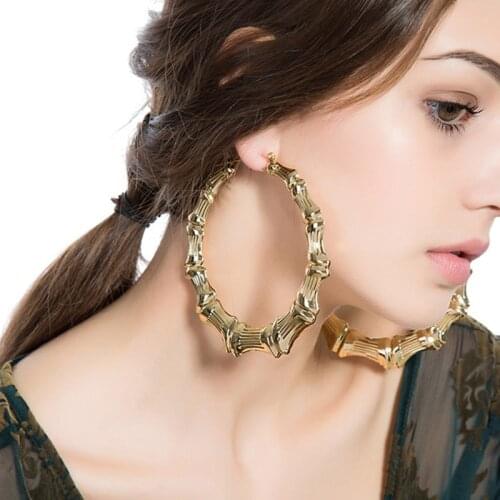 3UMeter Fasgion Big Hip Hop Bamboo Hoop Earrings Punk Gold Plate Hot Sale Circle Earrings for Women 100mm Gift Drop Shipping