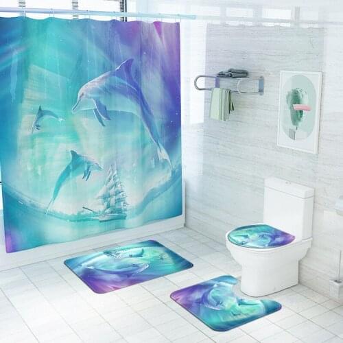 4Pcs/set Bathroom Mat Set Anti-slip Pattern Dolphin Shower Curain Coral Fleece Floor Mat Washable Bathroom Rug