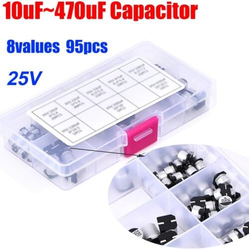 8values total 95pcs SMD 25V 10uf~470uf Aluminum Electrolytic Capacitor Assortment Pack Plastic Box Kit