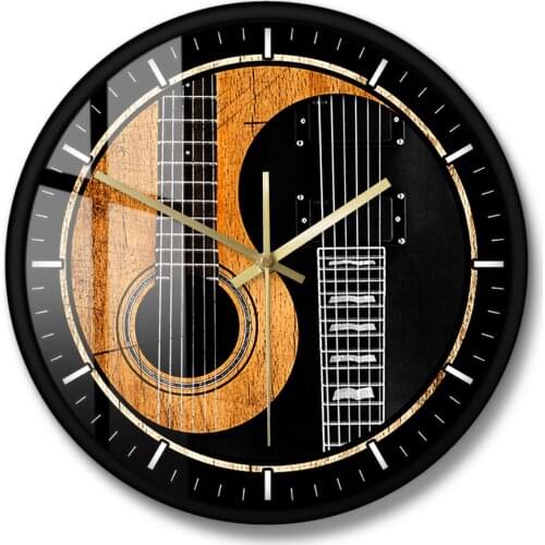 Acoustic Guitar Silent Non-ticking Wall Watch Yin Yang Guitar Bass Printed Wall Clock Music Studio Decor Musician Guitarist Gift