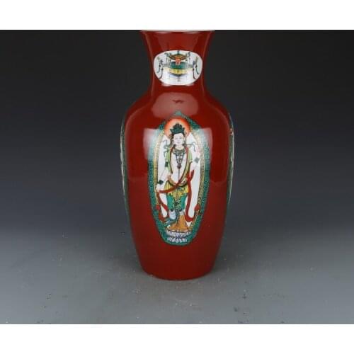 Antique QingDynaty Porcelain vase,Red Colorful Guanyin buddha bottle,hand-painted crafts, Home Decorations&Collection