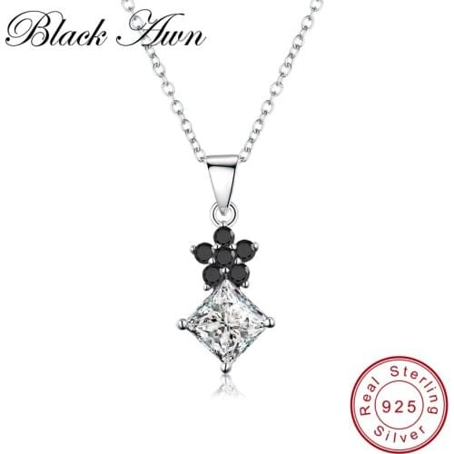 [BLACK AWN] 925 Sterling Silver Necklace for Women Black Spinel Flower Necklaces Pendants Fine Jewelry P168