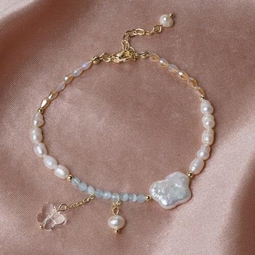 Butterfly Shape Natural Freshwater Pearls Beads Baroque Pearl Crystal Beaded Strand Bracelet for Women Fashion Jewelry YBR409