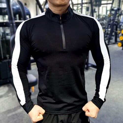 Quick Dry Running Shirt Men Bodybuilding soccer Sport tight stretch T-shirt Long Sleeve Gym Fitness zipper Autumn winter