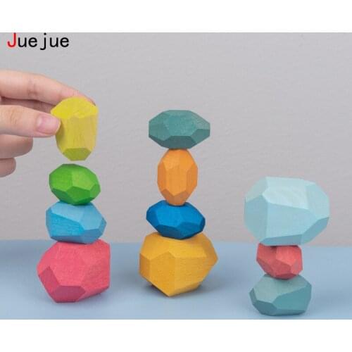 Children Creative Educational Building Block Toys Colorful Wooden Stone Stacking Blocks Montessori DIY Balance Blocks Toy Games