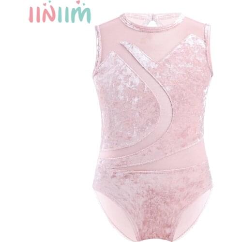 Iiniim Kids Girls Sleeveless Pleuche Mesh Splice Cutout Back Ballet Dance Gymnastics Leotard Bodysuit Figure Skating Clothing