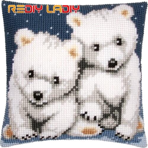 Cross Stitch Cushion Cover Polar Bears Pillow Case Pre-Printed Canvas Acrylic Thick Yarn Crafts Cross-stitch Needlepoint Kits