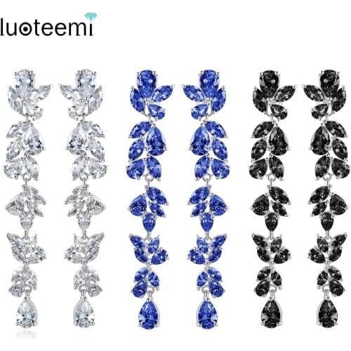 LUOTEEMI New Big Exquisite Leaf-shaped Long Drop Earrings for Women Wedding Party Luxury CZ Three Colors Jewelry Christmas Gift