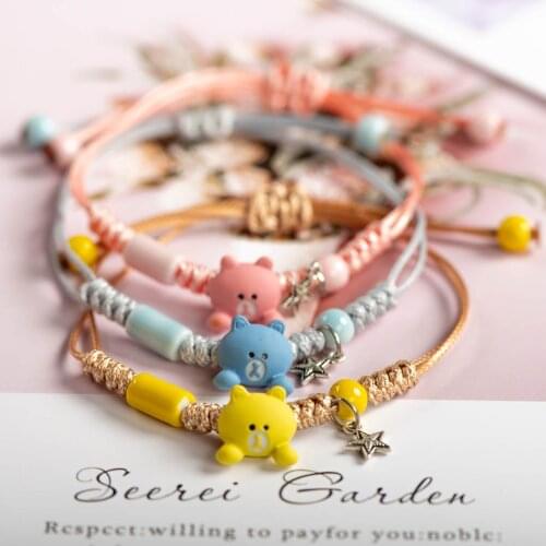 Cute Little Bear Ceramic With Metal Drip Glaze Pendant Bracelet Hand-Wowen Charms Gift Bracelets Bangles Wholesale #XN065