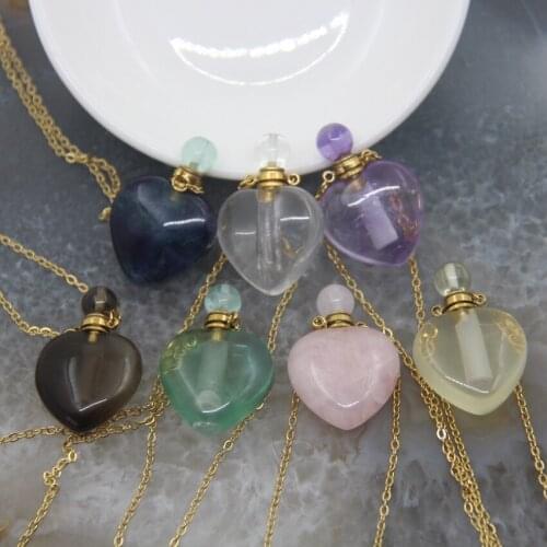 Natural Rose/White Quartz Classic Heart-shaped Perfume Bottle Pendants Necklace,Love Shape Amethysts Essential Oil Diffuser Vial