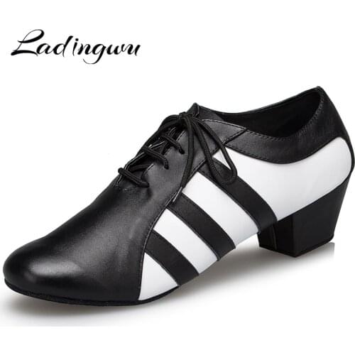 Ladingwu New Genuine Leather Shoes Men Ballroom Dance Shoes Man Soft Bottom Wedding Shoes Latin Dance Shoes indoor Heel 2.5/4.5