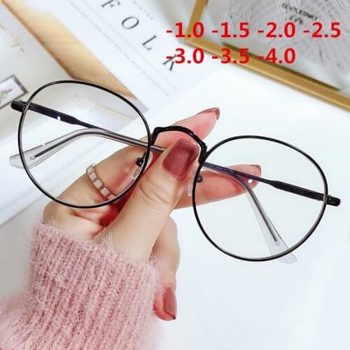 NYWOOH Finished Myopia Glasses Frame Women Men Classic Metal Round Eyeglasses Prescription Nearsighted Eyewear-1.0 1.5 to -4.0