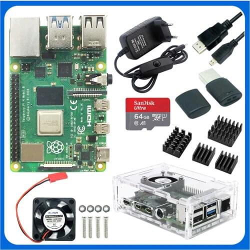Raspberry Pi 4 Model B Kit + Aluminum Case + Heat Sink + 3A Switch Power Option 64 32GB SD Card |Reader dropship