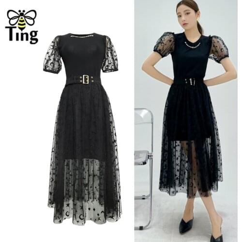 Tingfly Vintage Star Moon Summer 2 Pcs Dress Set Puff Short Sleeve Black Mesh Hem Black Dresses Vestidos Streetwear Zaful Za