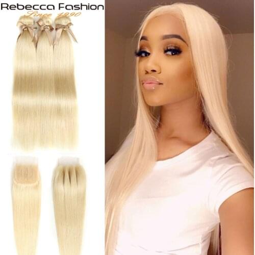 Rebecca Fashion 613 Blonde Bundles With Closure Brazilian Straight 3/4 Bundles With Closure Hair Extension Remy Human Hair