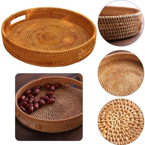 Rattan Storage Tray Hand Woven Picnic Basket Bread Fruit Snacks Food Storage Baskets Display Desktop Serving Tray With Handle