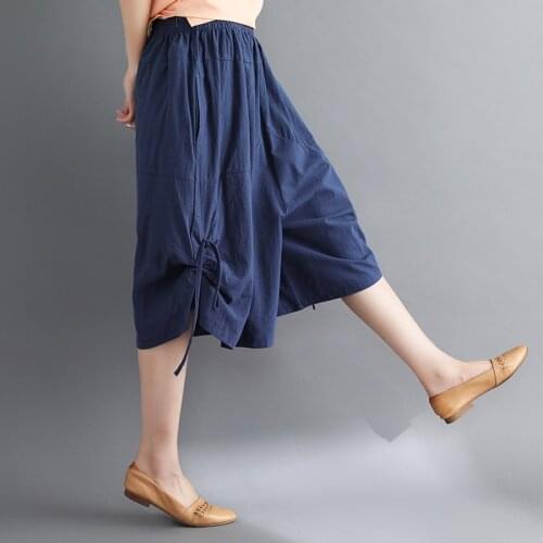 Chinese Style Wide Leg Pants Casual Lace Up Loose Solid Calf-Length Trousers Summer Vintage Harem Pants Sweetpants Women 10432