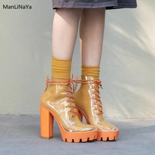 Transparent PVC Lace-up Women Boots Round Toe 3.5cm Platform Runway Shoes Square Heel Non-slip Rubber Sole Female Ankle Boots