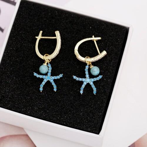 SWOUR New Arrival Elegant Jewelry Blue Starfish Austria Crystal Cubic Zirconia Ball Party Dangle Earrings For Women S376