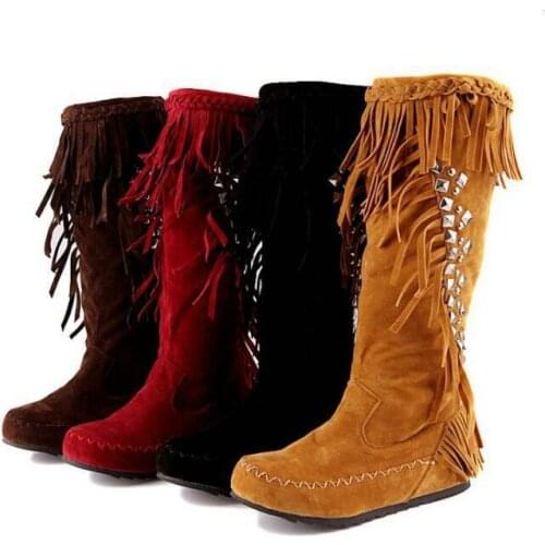 Womens Rhinestone Warm Knee High Boots Fringe Pull On Tassels Moccasin Vogue Hot