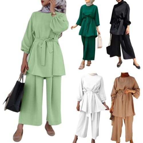 Women Muslim Summer 2Pcs Outfits Set Long Sleeve Belted Tunic Tops Wide Leg Loose Pants Solid Color Dubai Kaftan Hijab