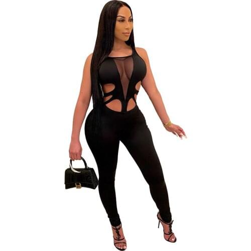 Womens Tracksuit Mesh Splicing High Elastic Hollow Sexy Tights Elastic Overall Feamle Hot Jumpsuit Bodysuit