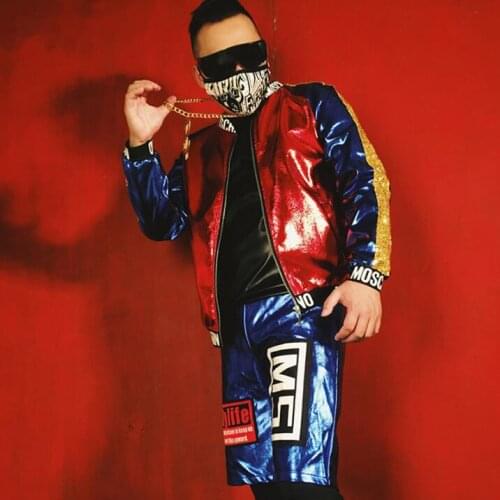 2020 Fashion male singer DJ Blue and red gold stitching PU jacket Hairdresser nightclub bar singer DJDS costume S-6XL! Big size