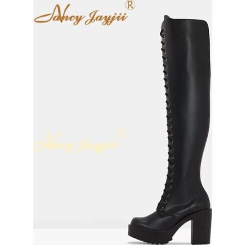 Women Shoes Adult Boots Ladies knee-High Super High Square Heel Solid Round Toe Mature Zipper Black Nancyjayjii Leisure 2019