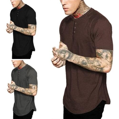 Mens Short Sleeve Solid Tshirt Fashion Raglan Sleeve Henley Button Collar Streetwear Tee Shirt Men Swag Hem Hipster T Shirt Top