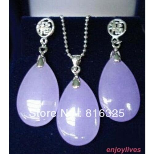 Hot sell Noble- Purple Lavender Jade 18KWGP Fortune Pendant Necklace Earrings Set Natural jewelry
