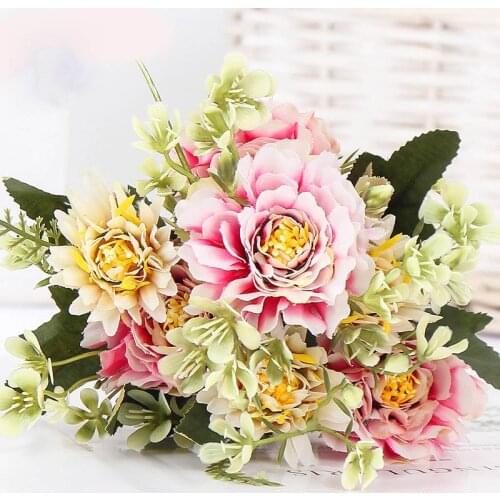 1 Bouquet Camellia Artificial Peony Rose Flowers Silk Fake flores Wedding Flower DIY Home Garden Party Decoration