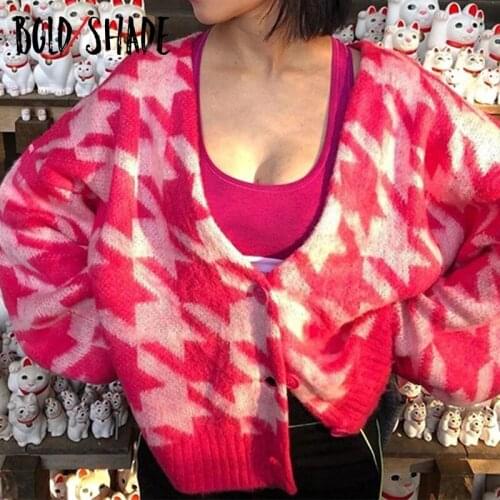 Houndstooth Button Oversized Cardigans 2000s Aesthetic Knitted Long Sleeve Indie Sweaters Women Vintage Fashion Tops