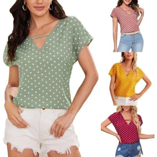 Summer Women Fashion V-neck Polka Dot T-shirt Stylish Short Sleeve Tops for Shopping Daily Wear Green/Red/Pink/Yellow