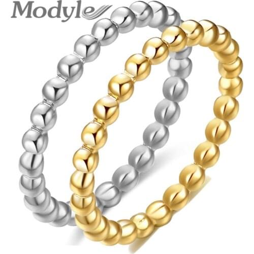 Modyle Gold Silver Color Beads Water Ripple Ring For Women Simple Fashion Beaded Rings Stainless Steel Mini Jewelry Gift